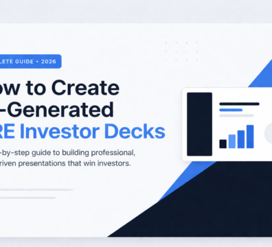 Minimalist feature image showing AI-generated CRE investor deck design with charts, presentation slides, and blue SaaS-style interface on a light background