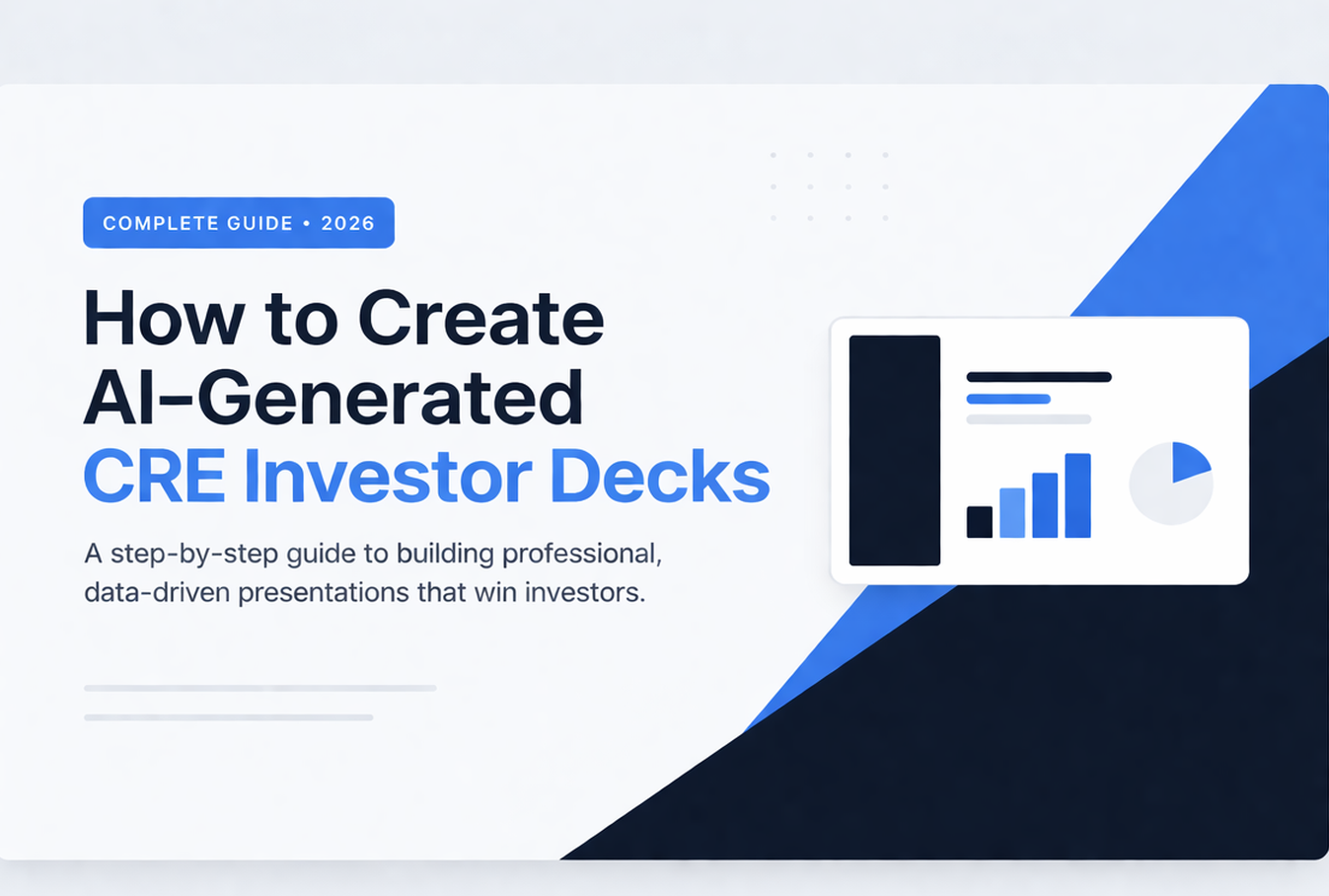 Minimalist feature image showing AI-generated CRE investor deck design with charts, presentation slides, and blue SaaS-style interface on a light background