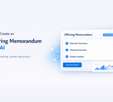 Minimal SaaS-style illustration showing an AI-generated offering memorandum dashboard with sections like executive summary, financial overview, and market analysis