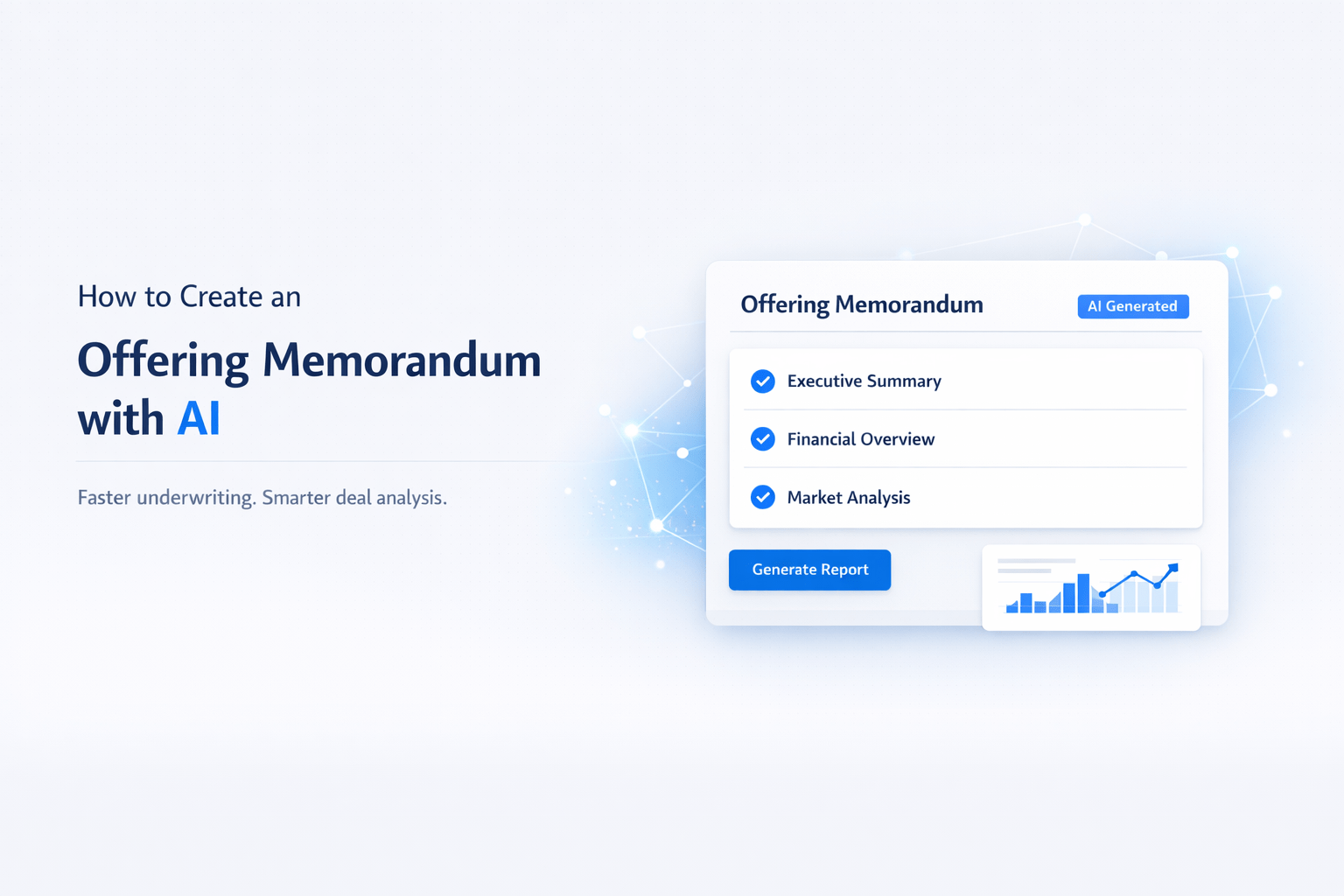 Minimal SaaS-style illustration showing an AI-generated offering memorandum dashboard with sections like executive summary, financial overview, and market analysis