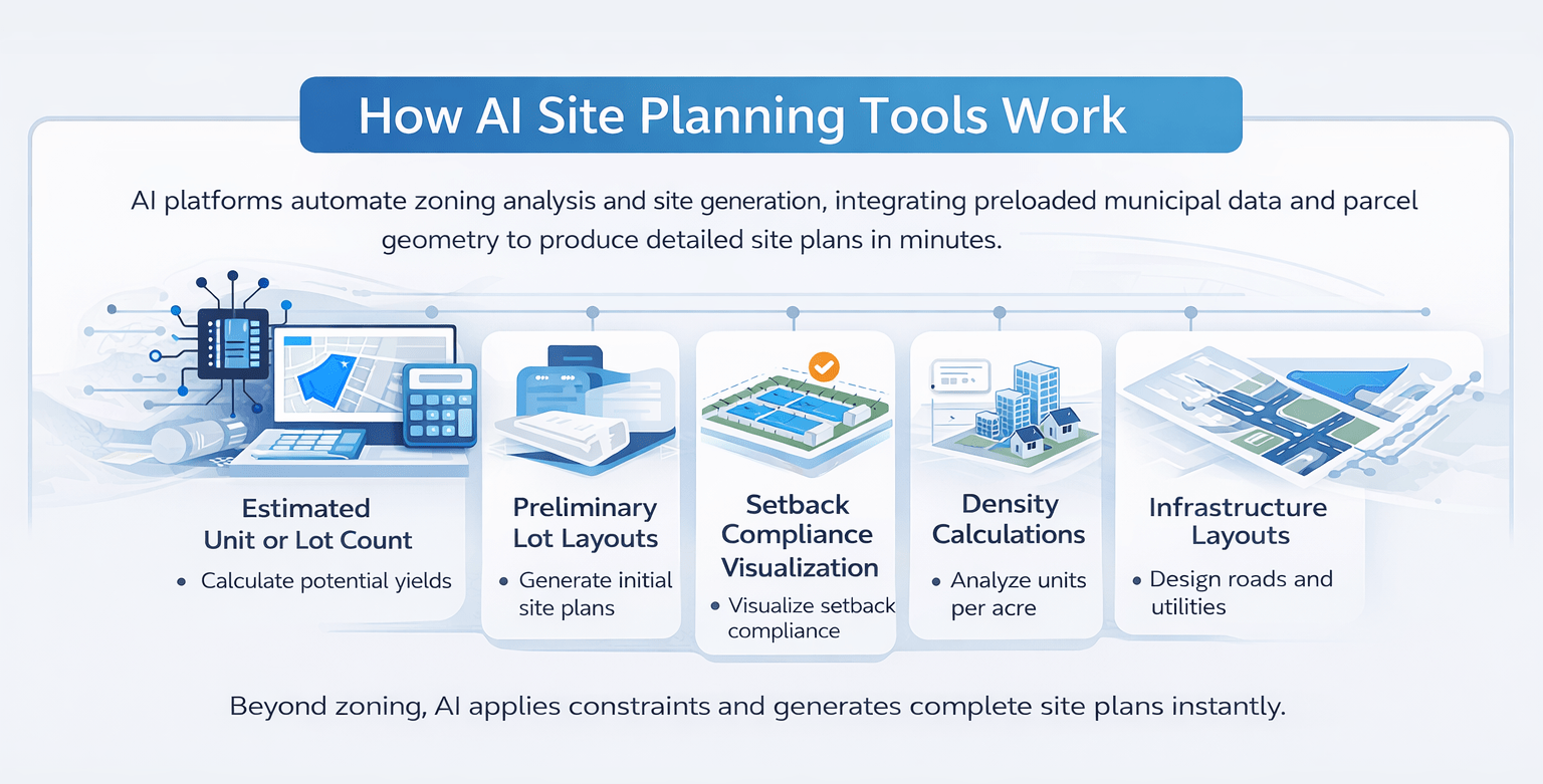 Infographic explaining how AI site planning tools work, showing zoning analysis, lot layouts, setback compliance, density calculations, and infrastructure planning in a clean horizontal layout.