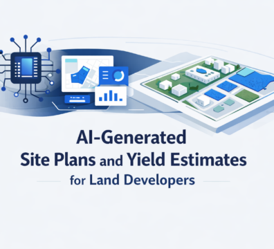 AI-generated site plans and yield estimates illustration with digital map interface, analytics dashboard, and 3D land development layout in a clean blue and white minimalist design.