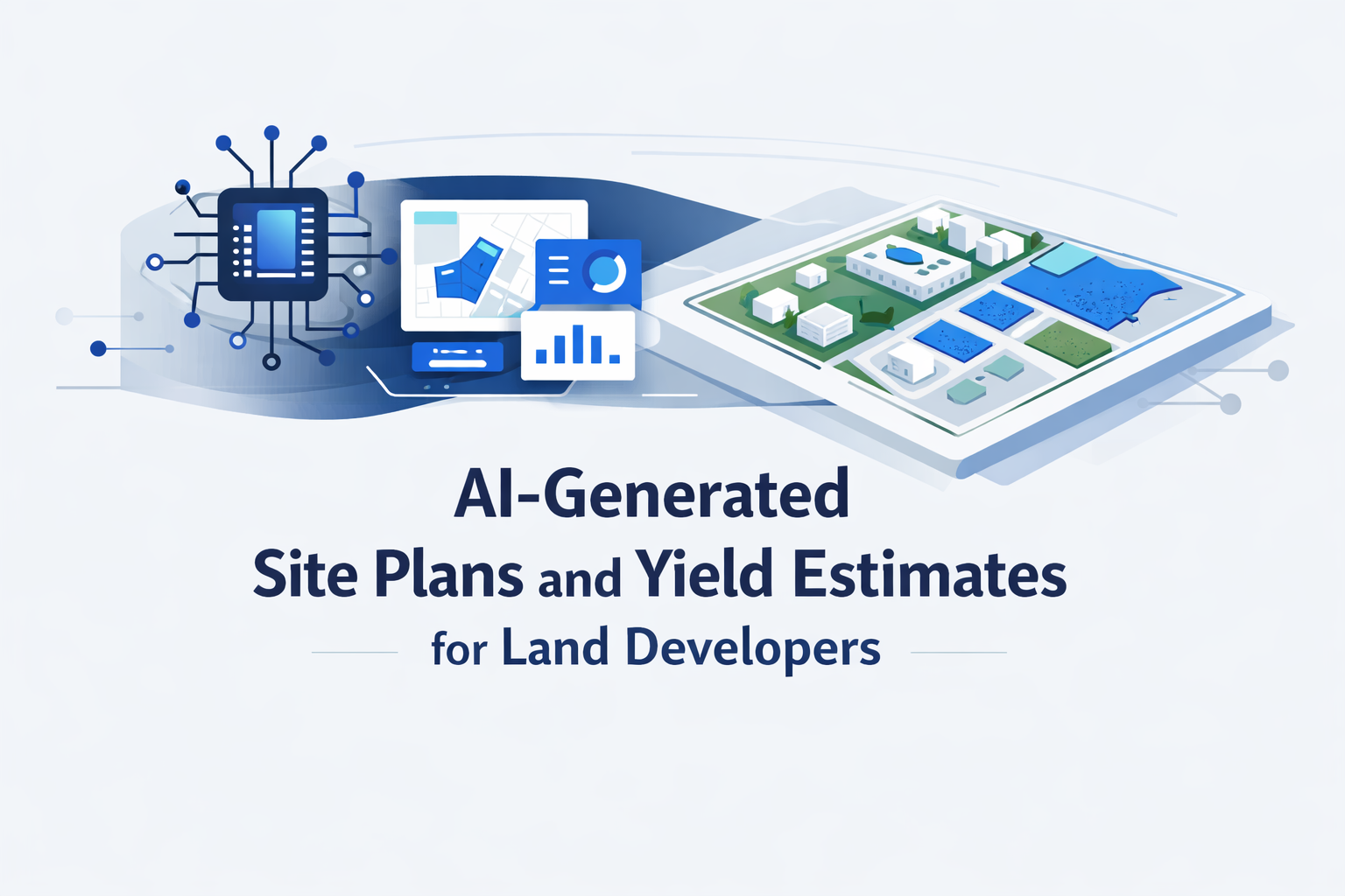 AI-generated site plans and yield estimates illustration with digital map interface, analytics dashboard, and 3D land development layout in a clean blue and white minimalist design.