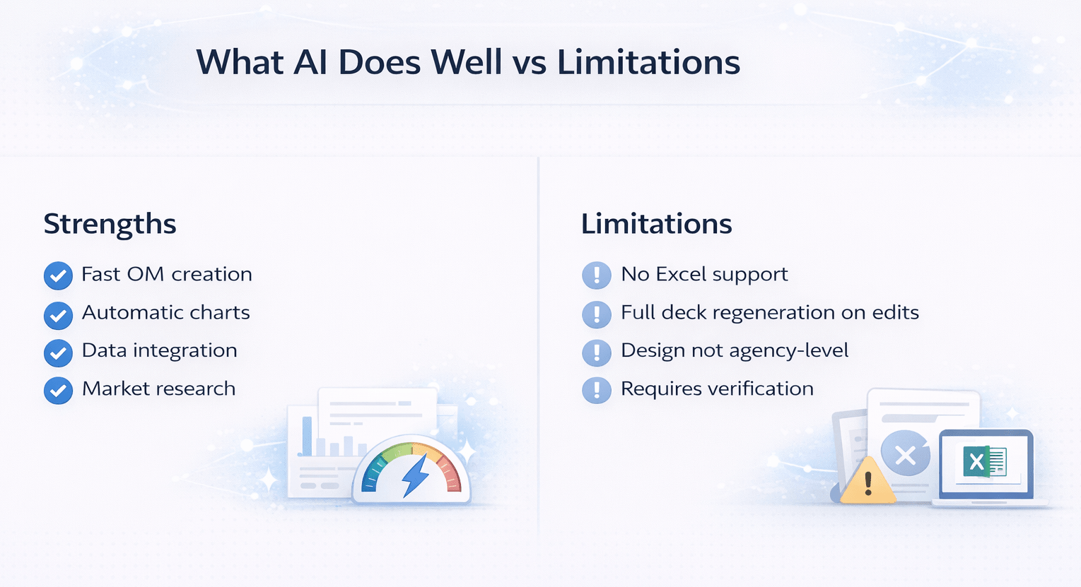 Minimal side-by-side infographic comparing AI strengths like fast OM creation and automatic charts with limitations such as no Excel support and required verification