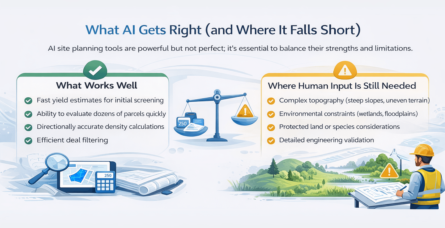 Landscape infographic comparing what AI site planning gets right versus where human input is still needed, including fast yield estimates, parcel evaluation, and limitations like terrain, environmental constraints, and engineering validation.