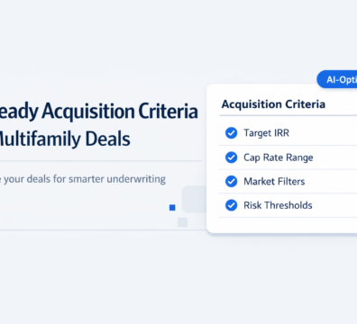 Minimalist feature image showing AI-ready acquisition criteria for multifamily deals with a clean dashboard-style card and checklist UI