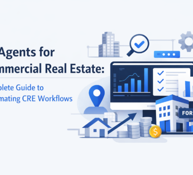 Minimalist feature image showing AI-driven commercial real estate workflow with analytics dashboard, property icons, charts, and automation elements in blue and grey tones