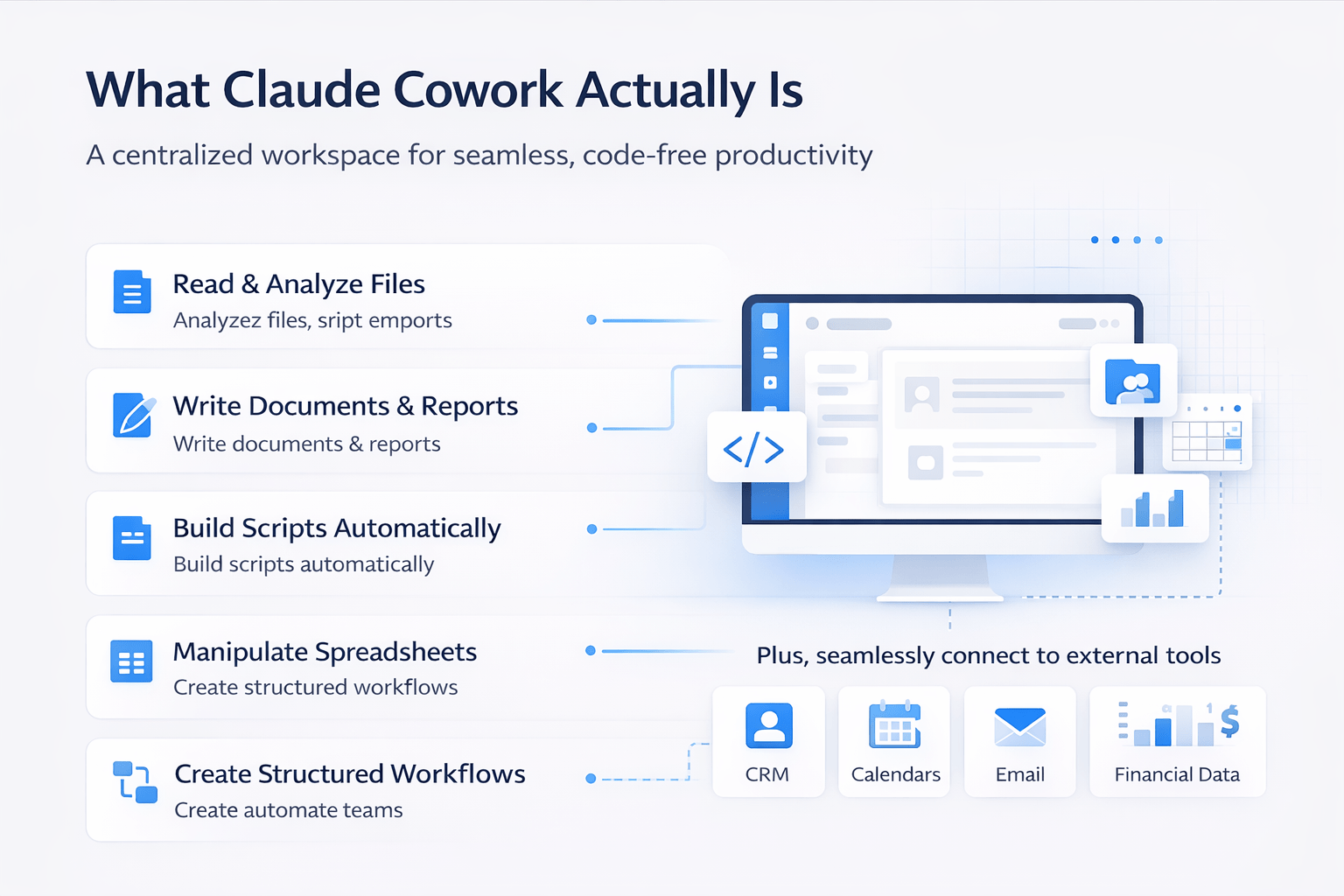 Infographic explaining Claude Cowork as a centralized workspace with features like file analysis, document writing, automation, and external tool integration