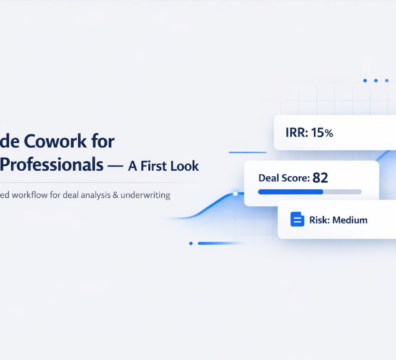 Claude Cowork feature image showing CRE deal analysis dashboard with IRR, deal score, and risk metrics in a minimalist UI layout