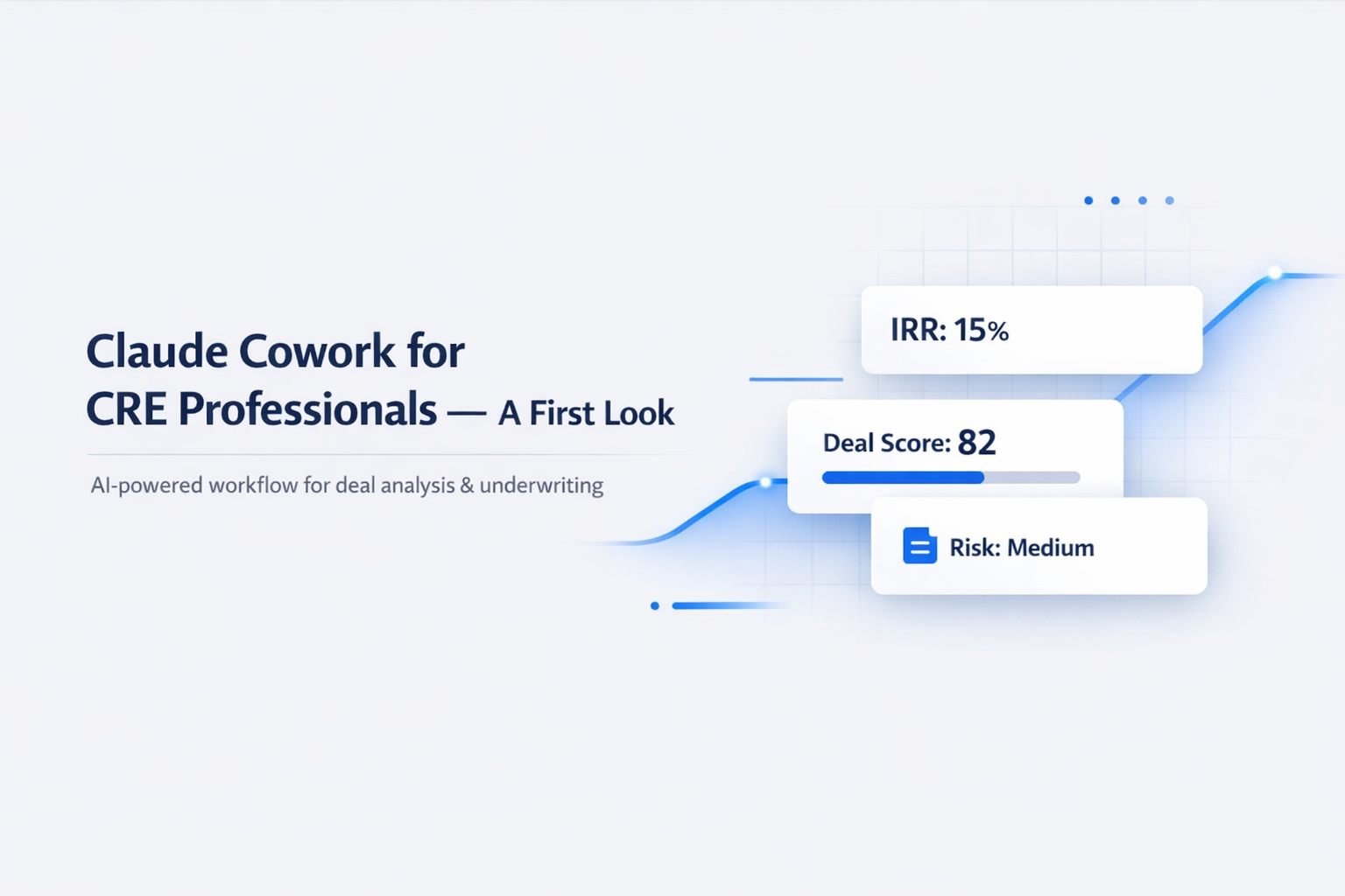Claude Cowork feature image showing CRE deal analysis dashboard with IRR, deal score, and risk metrics in a minimalist UI layout