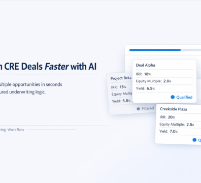 Minimal SaaS-style feature image showing multiple CRE deal cards with key metrics like IRR, equity multiple, and yield being screened simultaneously using AI.