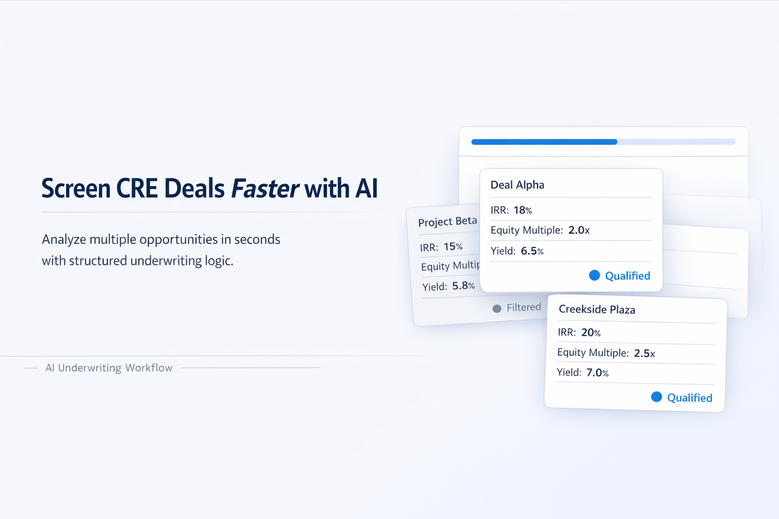 Minimal SaaS-style feature image showing multiple CRE deal cards with key metrics like IRR, equity multiple, and yield being screened simultaneously using AI.