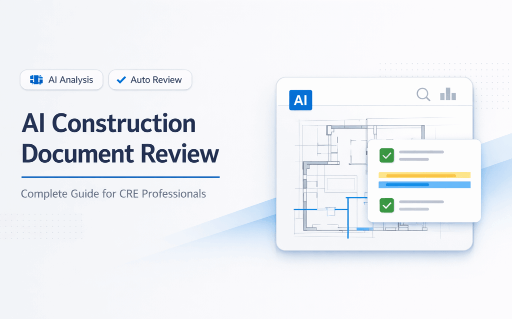 AI construction document review interface with blueprint analysis, automated checks, and clean SaaS-style dashboard design