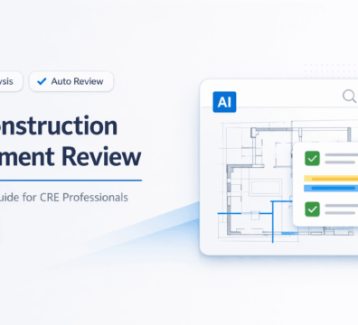 AI construction document review interface with blueprint analysis, automated checks, and clean SaaS-style dashboard design