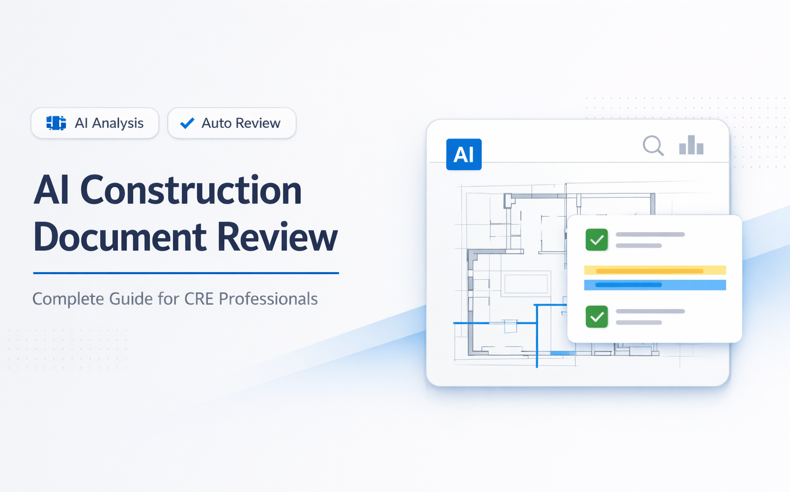 AI construction document review interface with blueprint analysis, automated checks, and clean SaaS-style dashboard design