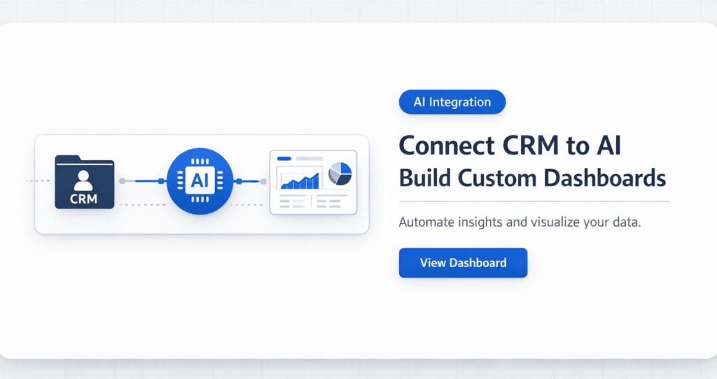 Minimal SaaS-style banner showing CRM connected to AI with a custom dashboard interface and data visualization elements.