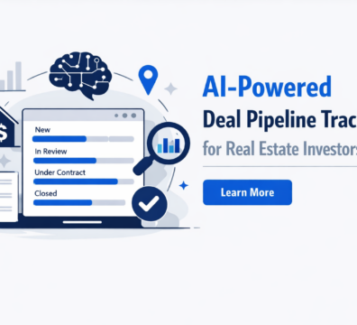 AI-powered deal pipeline tracking dashboard for real estate investors with stages like new, in review, under contract, and closed in a minimalist SaaS-style interface