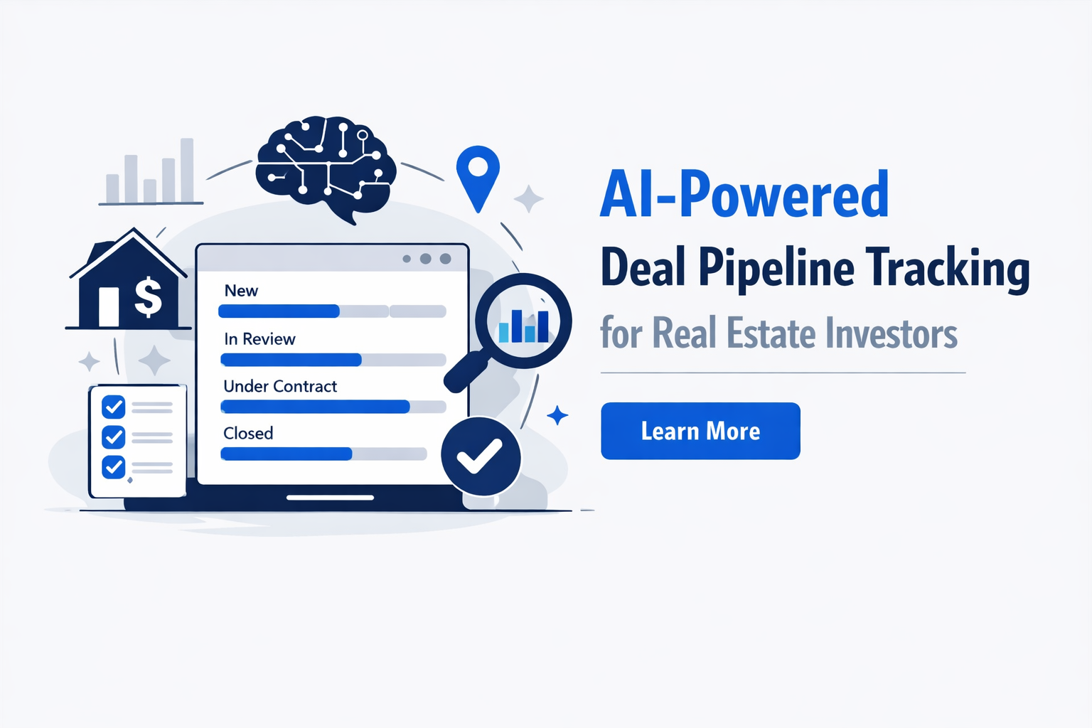 AI-powered deal pipeline tracking dashboard for real estate investors with stages like new, in review, under contract, and closed in a minimalist SaaS-style interface