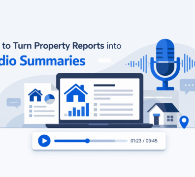 Minimalist feature image showing a laptop with property reports transforming into audio summaries, including a microphone, waveform, and audio player interface in a clean blue and light grey SaaS-style design.