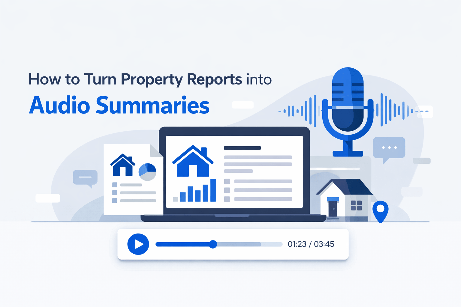 Minimalist feature image showing a laptop with property reports transforming into audio summaries, including a microphone, waveform, and audio player interface in a clean blue and light grey SaaS-style design.