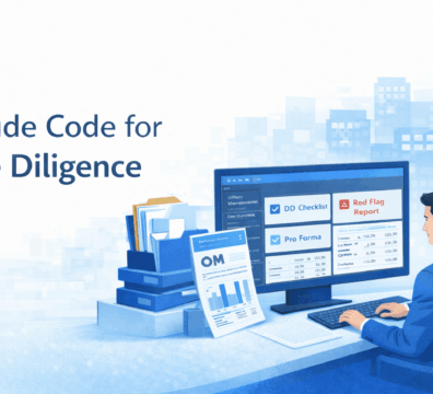 Claude Code analyzing due diligence documents with DD checklist, pro forma, and red flag report on screen