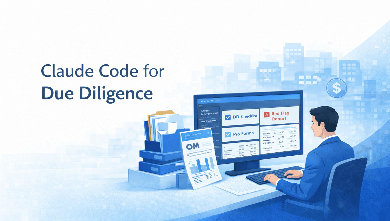 Claude Code analyzing due diligence documents with DD checklist, pro forma, and red flag report on screen