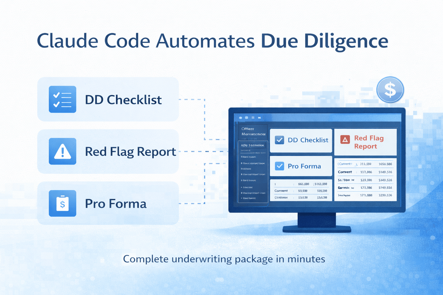 Claude Code analyzing due diligence files and generating a checklist, red flag report, and pro forma on a computer screen for a multifamily real estate deal.
