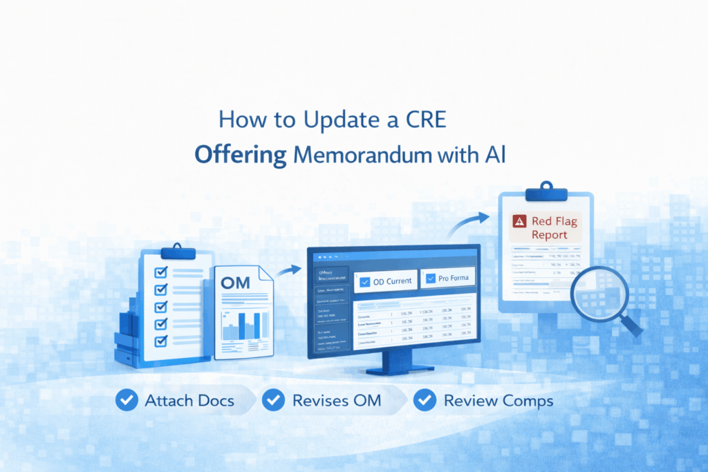 Infographic showing how AI updates a CRE offering memorandum with rent comps, pro forma, and checklist automation.
