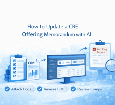 Infographic showing how AI updates a CRE offering memorandum with rent comps, pro forma, and checklist automation.