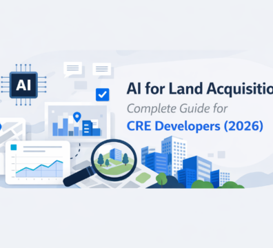 AI-powered land acquisition concept with digital map, analytics dashboard, location pins, and city buildings illustrating real estate site selection
