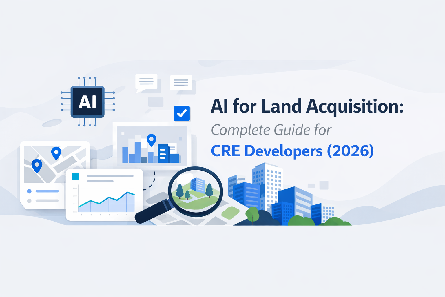 AI-powered land acquisition concept with digital map, analytics dashboard, location pins, and city buildings illustrating real estate site selection