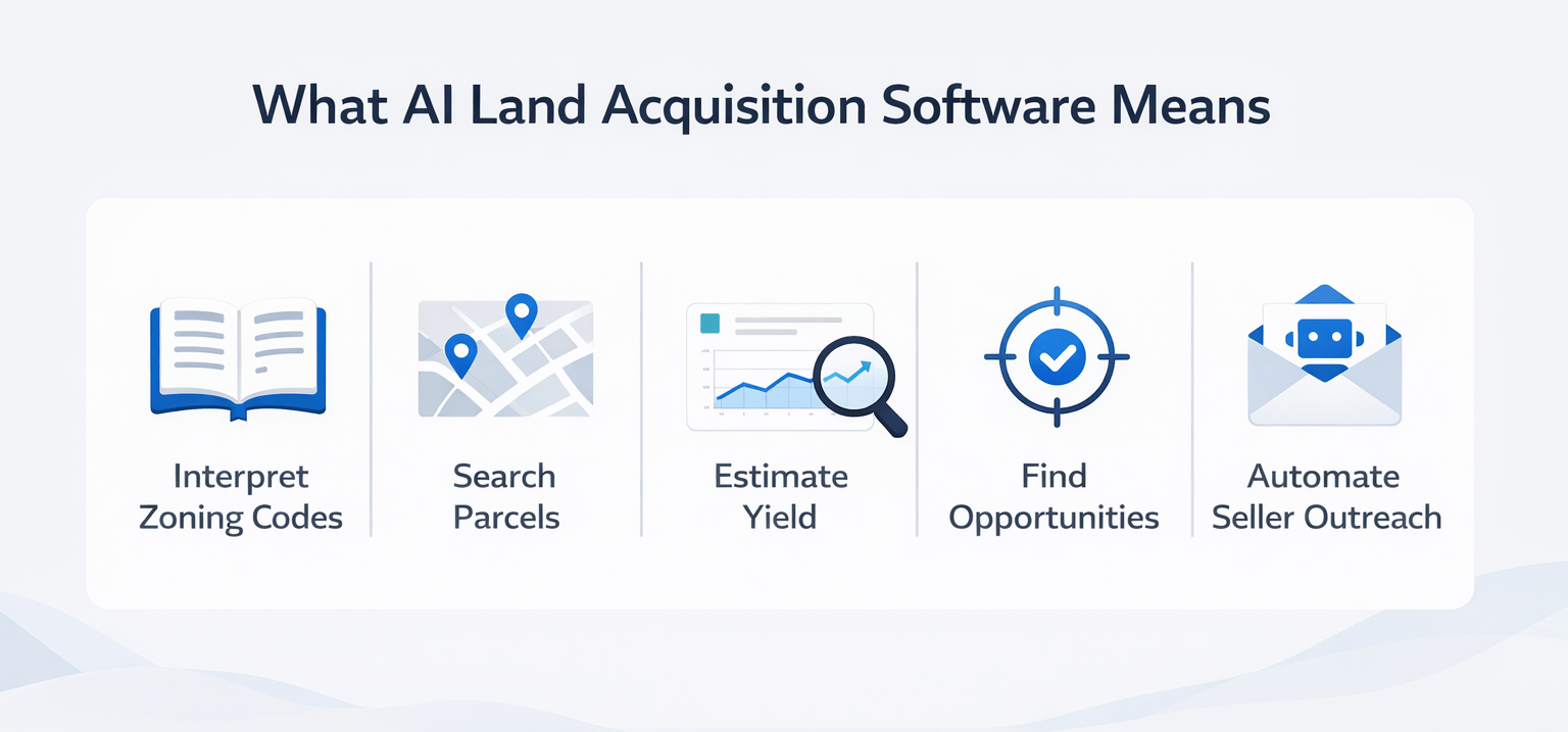 Infographic showing AI land acquisition software features including zoning analysis, parcel search, yield estimation, opportunity identification, and seller outreach automation
