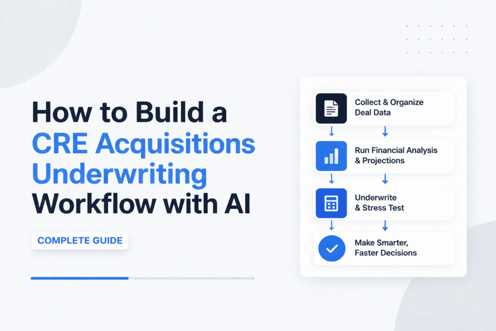 Minimalist illustration of CRE acquisitions underwriting workflow using AI, showing data analysis, financial modeling, and decision-making process on a laptop interface