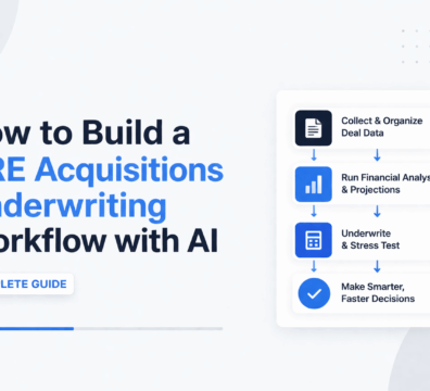 Minimalist illustration of CRE acquisitions underwriting workflow using AI, showing data analysis, financial modeling, and decision-making process on a laptop interface