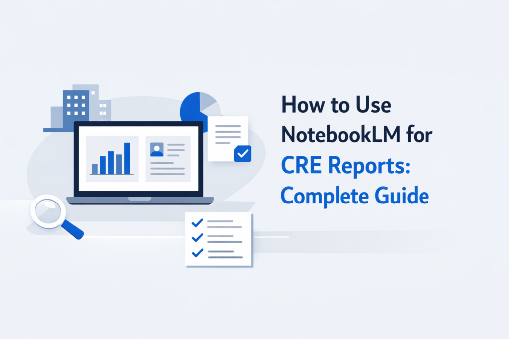 Dashboard-style illustration showing how NotebookLM is used to create and analyze CRE reports with charts, documents, and AI-driven insights.