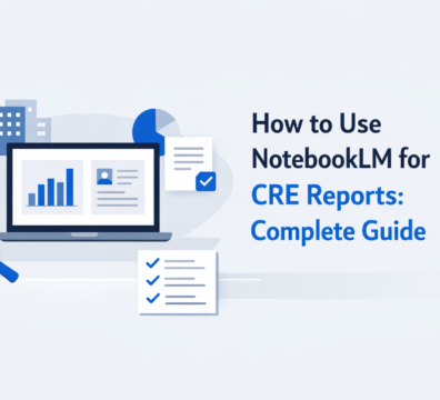 Dashboard-style illustration showing how NotebookLM is used to create and analyze CRE reports with charts, documents, and AI-driven insights.