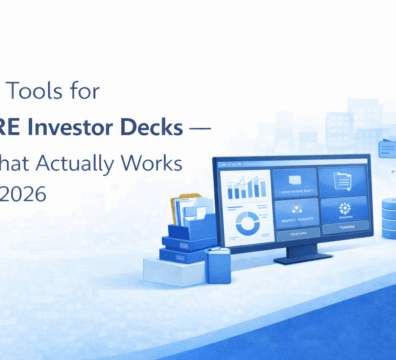 Illustration of AI-powered tools for CRE investor decks showing a monitor with analytics dashboards, underwriting insights, reports, and market data in a blue-themed interface.