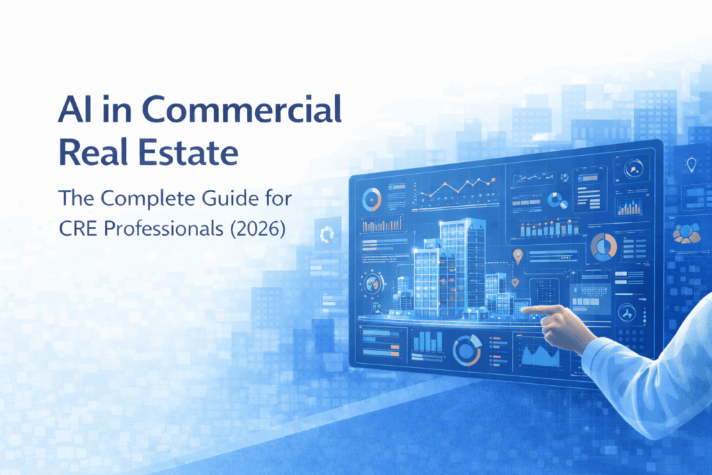 AI in commercial real estate showing digital property analytics dashboard with building data, charts, and AI-powered investment insights for CRE professionals.