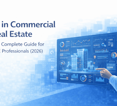 AI in commercial real estate showing digital property analytics dashboard with building data, charts, and AI-powered investment insights for CRE professionals.