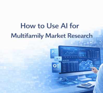 AI-powered multifamily market research analysis showing a commercial real estate professional reviewing rent trends, property data, and submarket analytics on a digital dashboard.