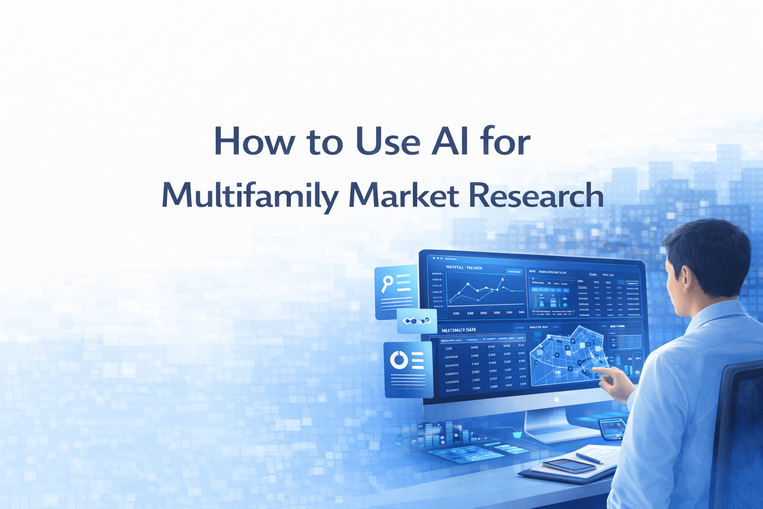 AI-powered multifamily market research analysis showing a commercial real estate professional reviewing rent trends, property data, and submarket analytics on a digital dashboard.