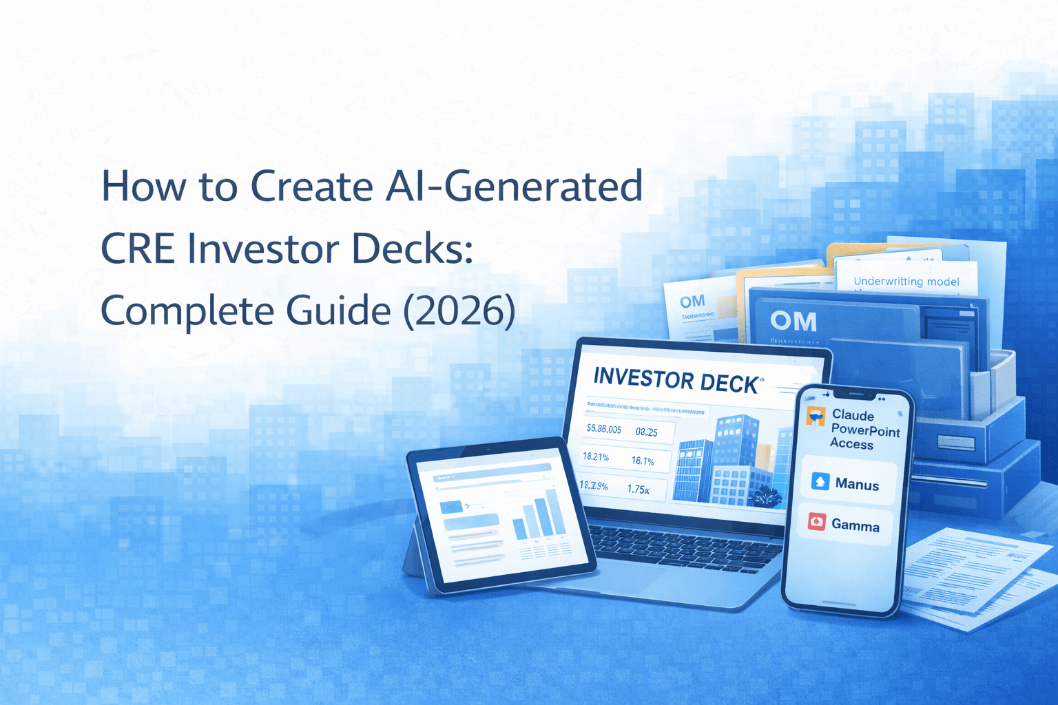 AI-generated CRE investor decks guide showing laptop, tablet, and documents used to create commercial real estate investor presentations