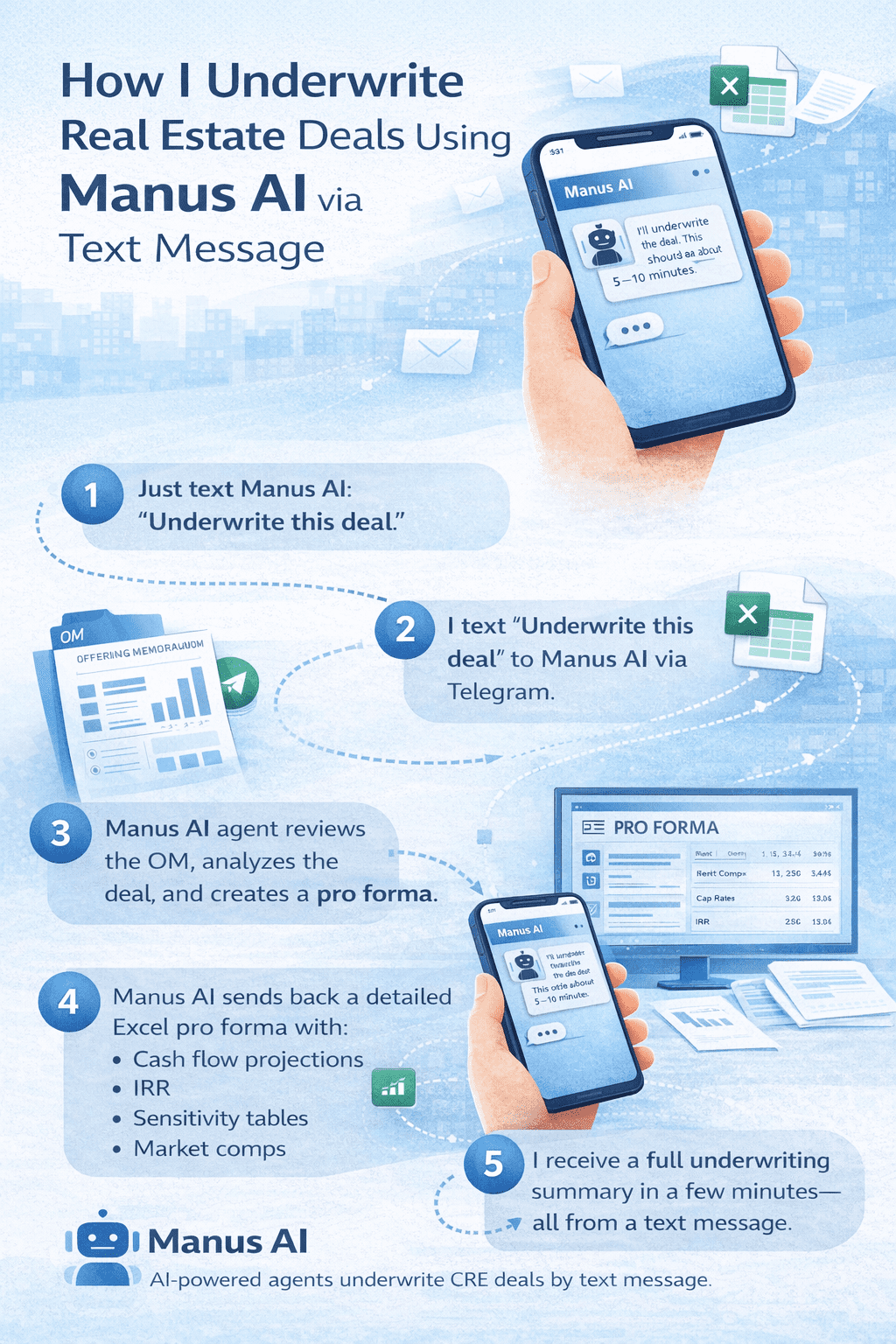 Manus AI CRE workflow infographic showing how real estate deals can be underwritten by sending a text message and automatically generating a pro forma analysis.