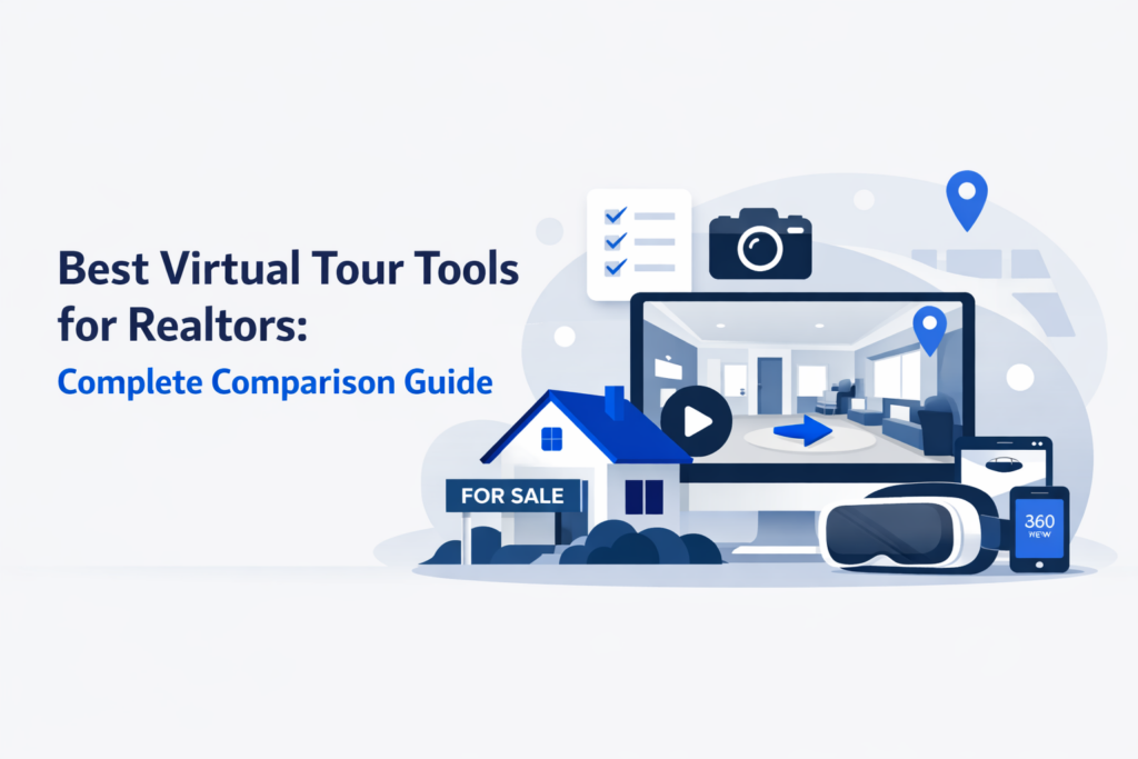 Minimalist illustration of virtual tour tools for realtors showing a property walkthrough on desktop, mobile, and VR devices