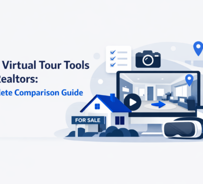 Minimalist illustration of virtual tour tools for realtors showing a property walkthrough on desktop, mobile, and VR devices