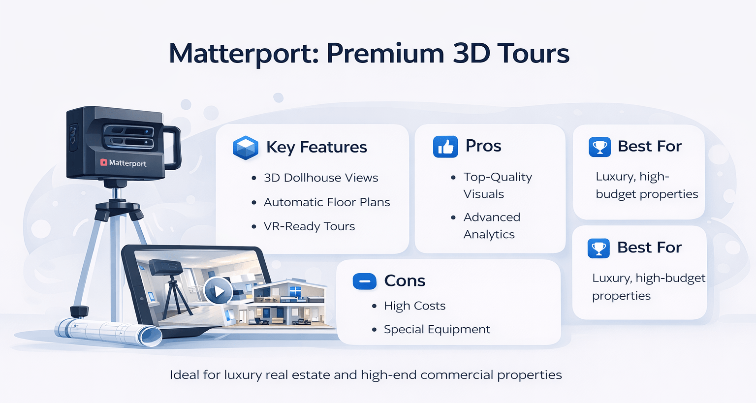 Minimalist infographic showing Matterport virtual tour platform with 3D mapping features, pros, cons, and best use for luxury and commercial real estate