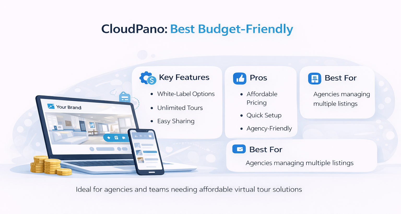 Minimalist infographic showing CloudPano virtual tour platform with white-label features, pros, cons, and best use case for budget-friendly real estate tours