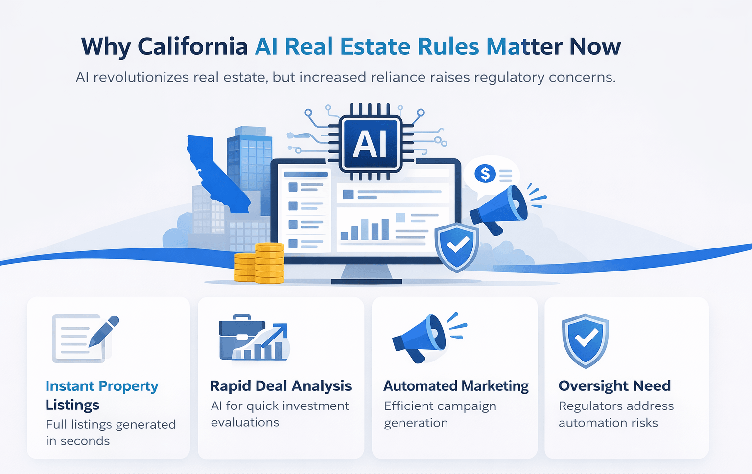 Minimalist infographic showing AI impact on commercial real estate in California with automation, deal analysis, marketing, and compliance icons
