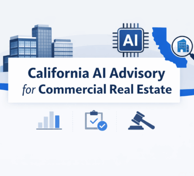 Minimalist banner showing AI technology, commercial buildings, and California map representing AI advisory for commercial real estate