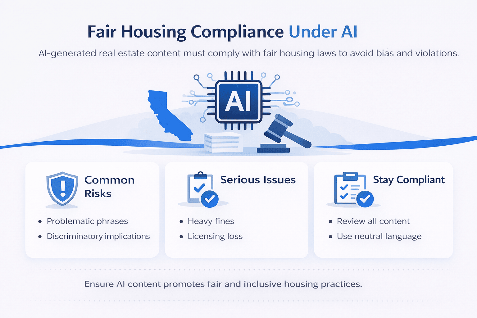 Minimalist infographic showing AI risks in real estate with compliance, bias prevention, and fair housing regulation concepts